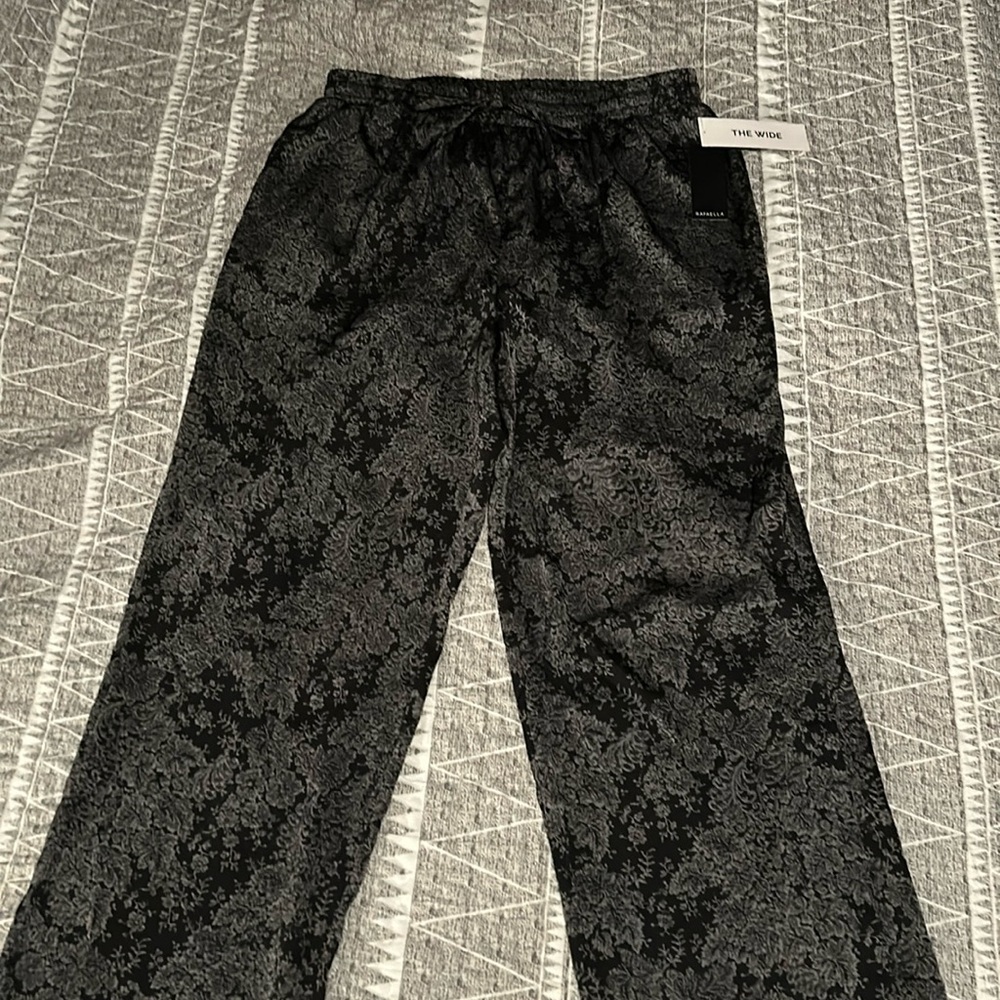 Rafaella Black Silver Floral Print Palazzo Lounge Pants Drawstring Waist Size XL